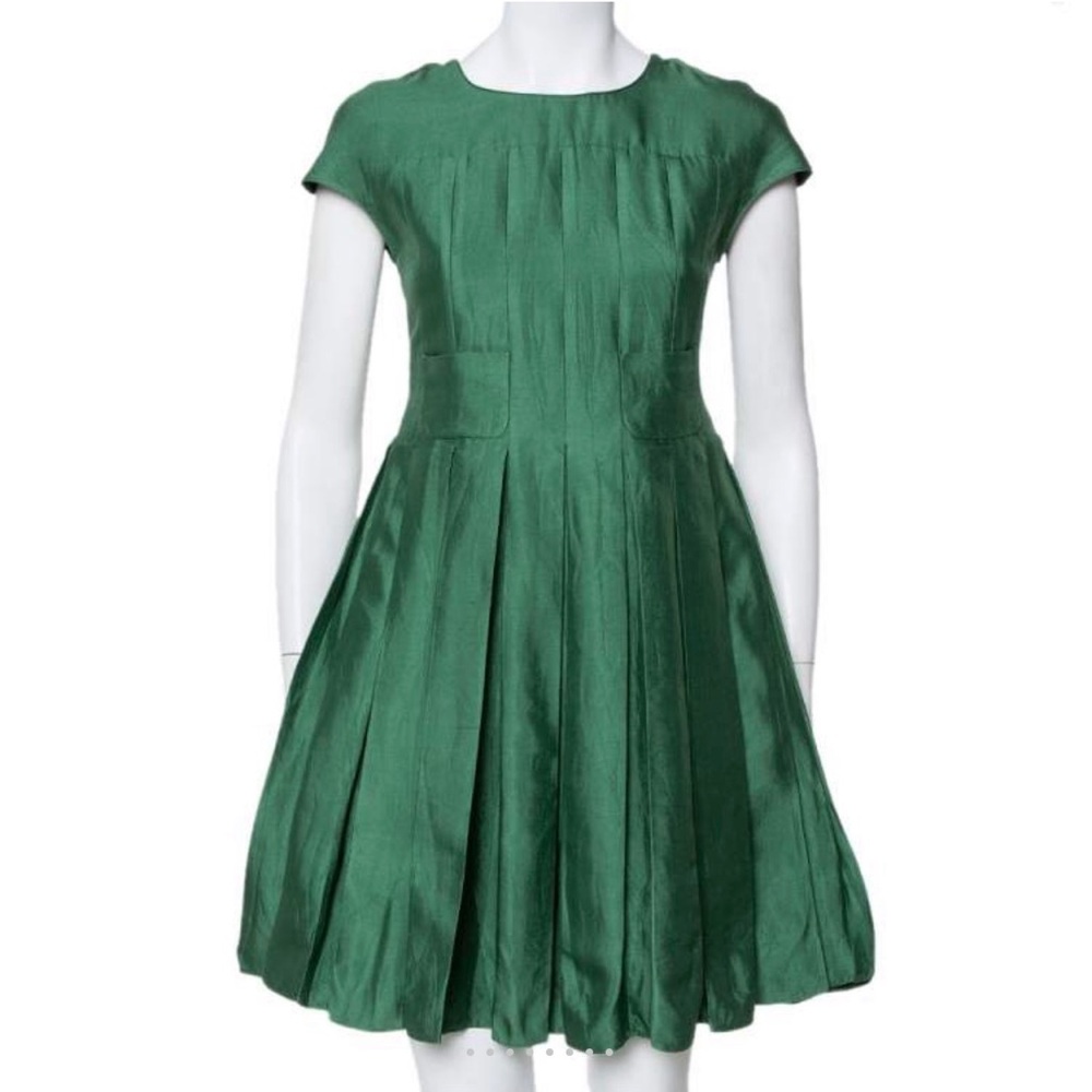 Armani Collezioni Green Cotton Silk‎ Box Pleated Short Dress Size 14